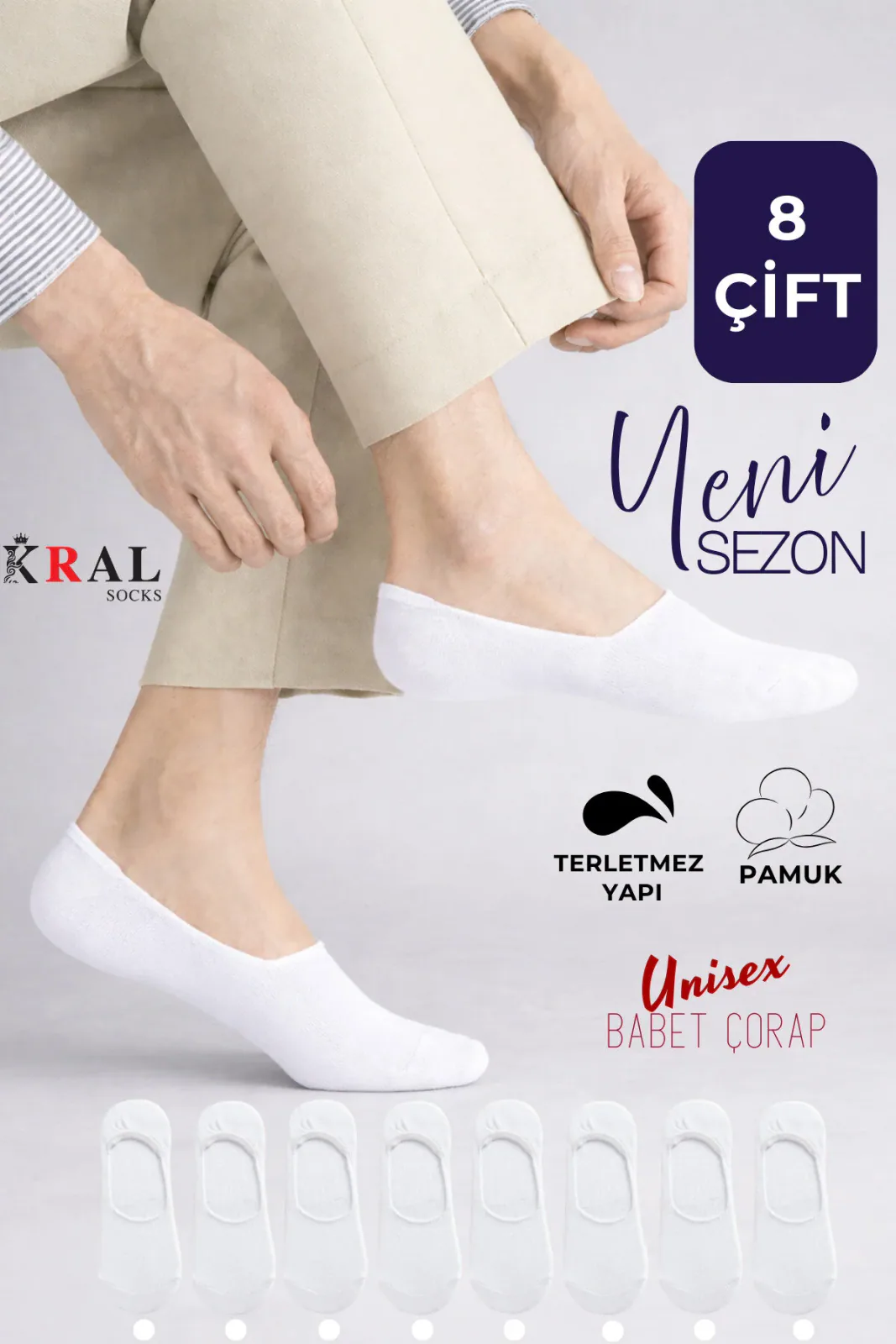 8 Çift Unisex Pamuklu Düz Desen Terletmez Görünmez Babet Çorap