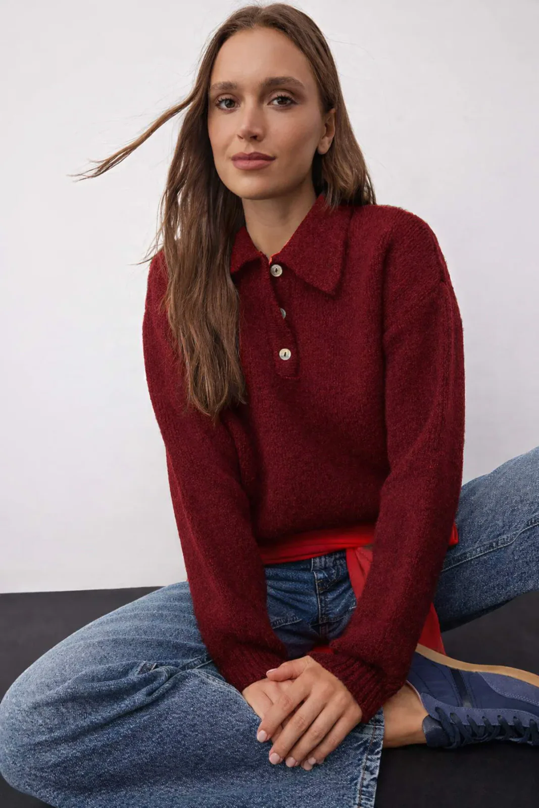 Basic Oversize Polo Yaka Yarım Pat Düğmeli Triko Kazak