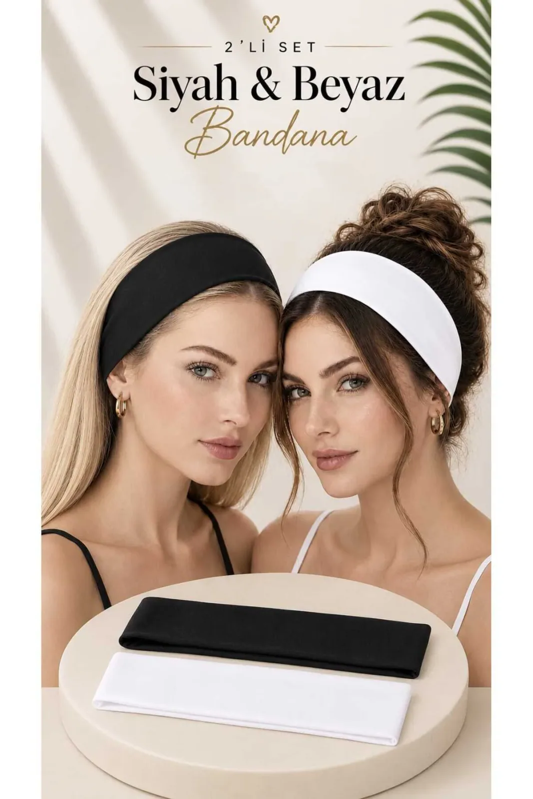 Kadın 2'li Esnek Pamuklu Siyah Beyaz Sporcu Bandana Set