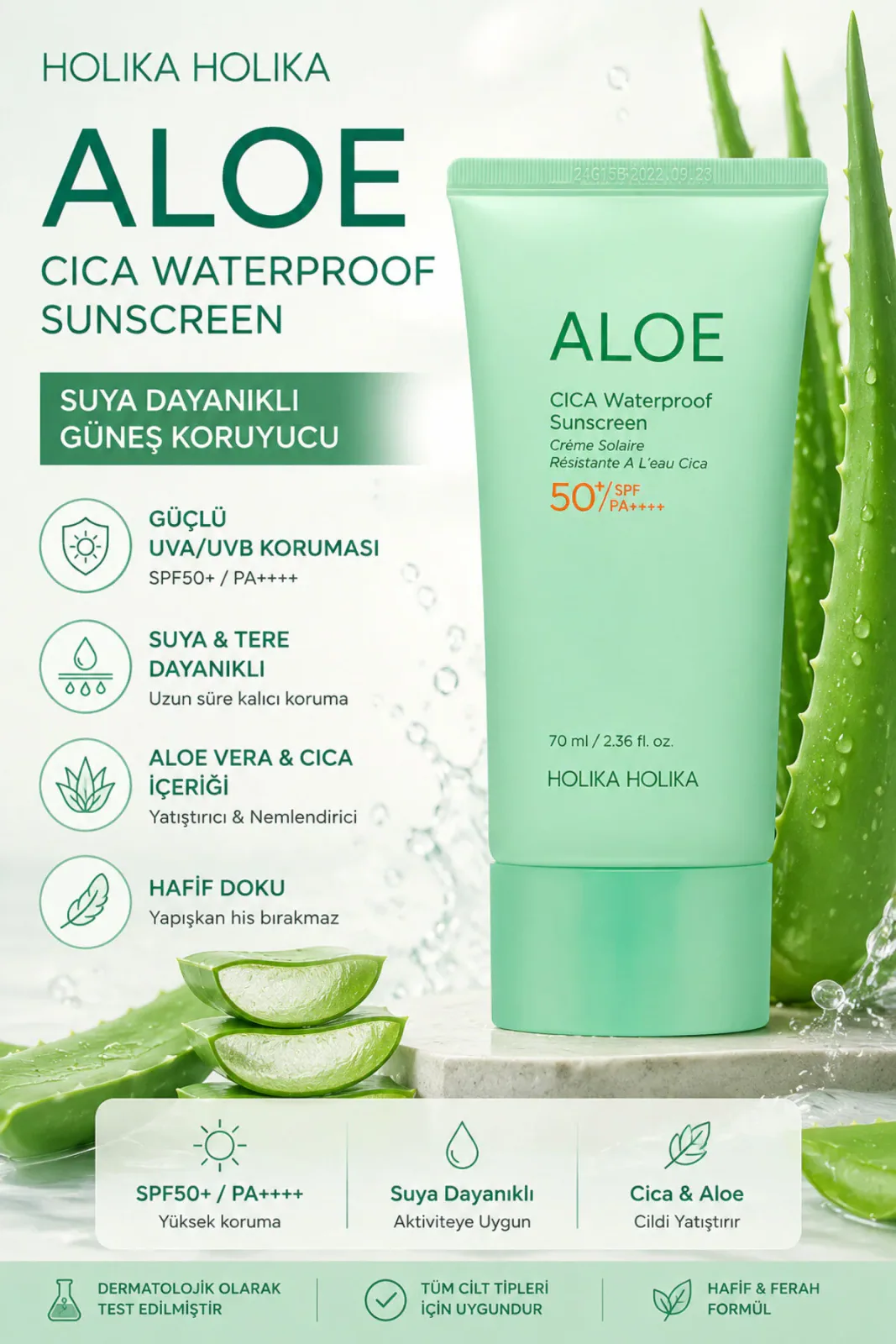Aloe Cıca Waterproof Sunscreen SPF50 Güneş Kremi 70ml