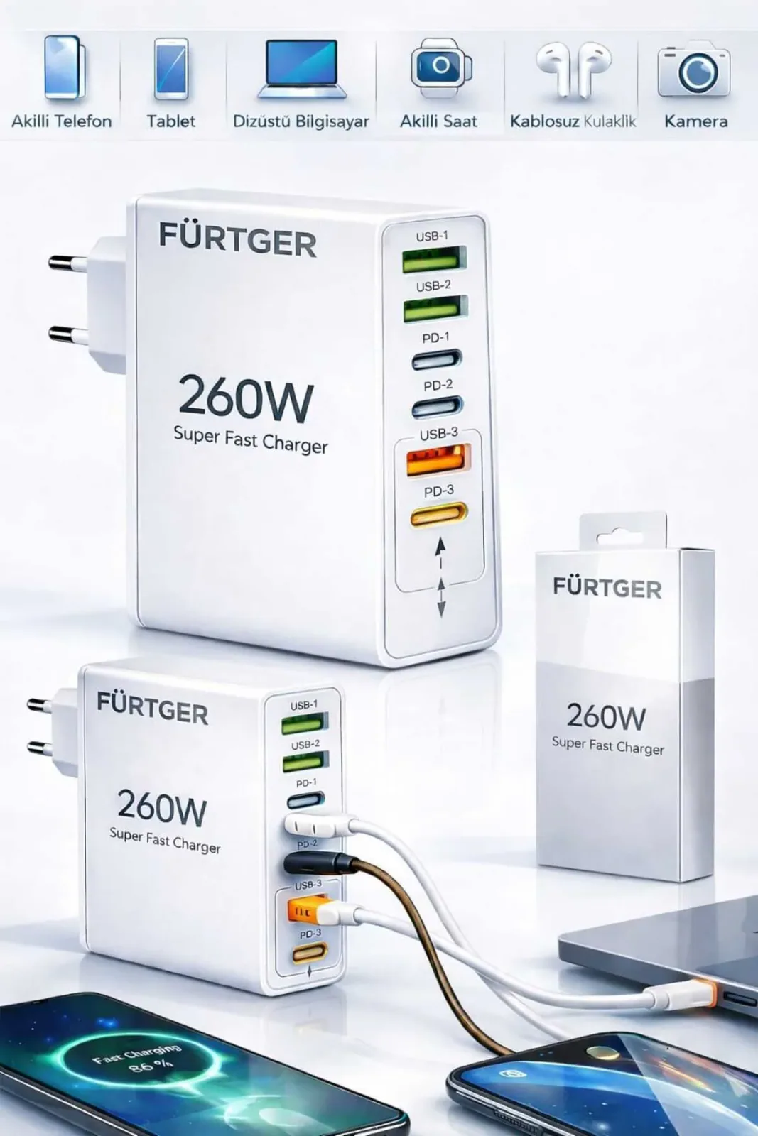 Alman 260W 3 Type-C + 3 Usb-A Süper Hızlı Şarj Aleti