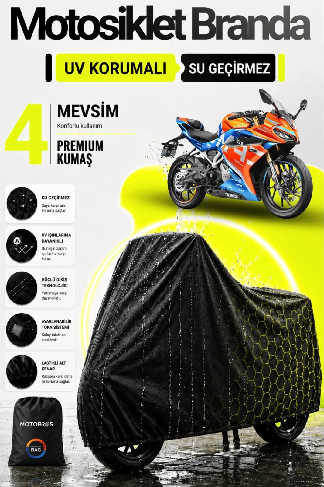 Su Geçirmez Siyah Motosiklet Brandası - Dayanıklı Kalın Kumaş